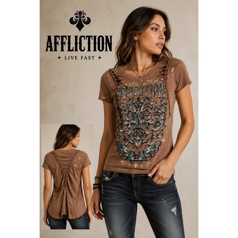 Affliction Womens Abrasive Lines T-Shirt Brown Cross Cut-Out Rhinestone M